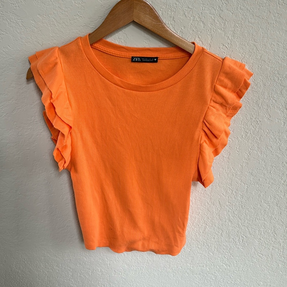 Zara Orange Ribbed Ruffle Sleeve Cropped Top - Picture 3 of 7